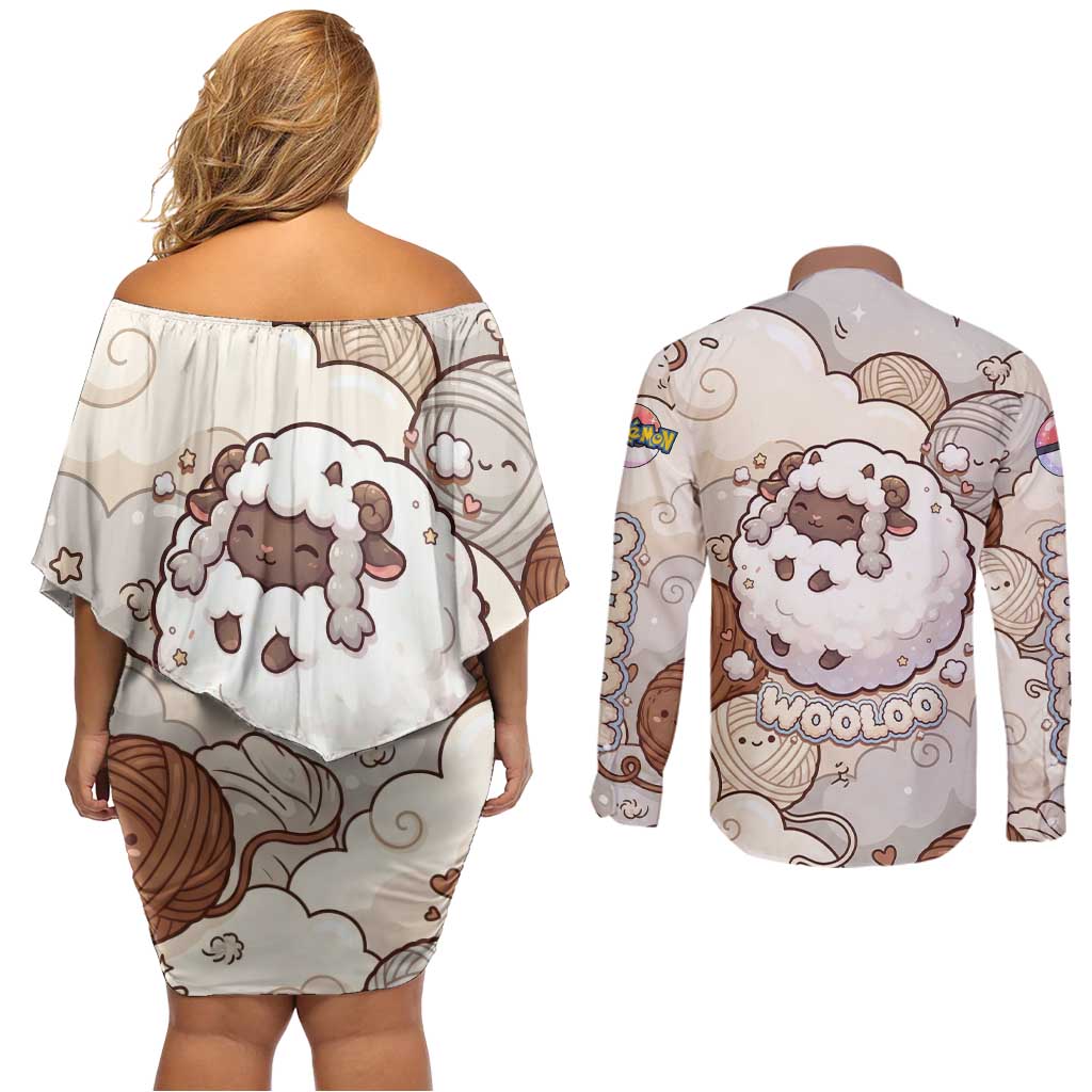 Wooloo Poké Kawaii Art Couples Matching Off Shoulder Short Dress and Long Sleeve Button Shirt Cute Wooloo & Yarn Ball Pattern - Cozy Vibes