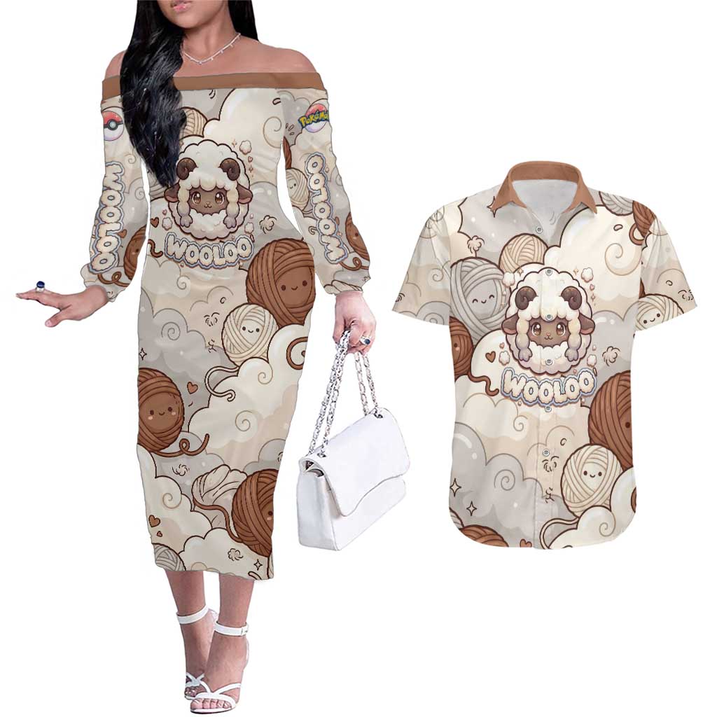 Wooloo Poké Kawaii Art Couples Matching Off The Shoulder Long Sleeve Dress and Hawaiian Shirt Cute Wooloo & Yarn Ball Pattern - Cozy Vibes