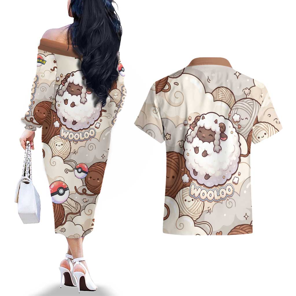 Wooloo Poké Kawaii Art Couples Matching Off The Shoulder Long Sleeve Dress and Hawaiian Shirt Cute Wooloo & Yarn Ball Pattern - Cozy Vibes