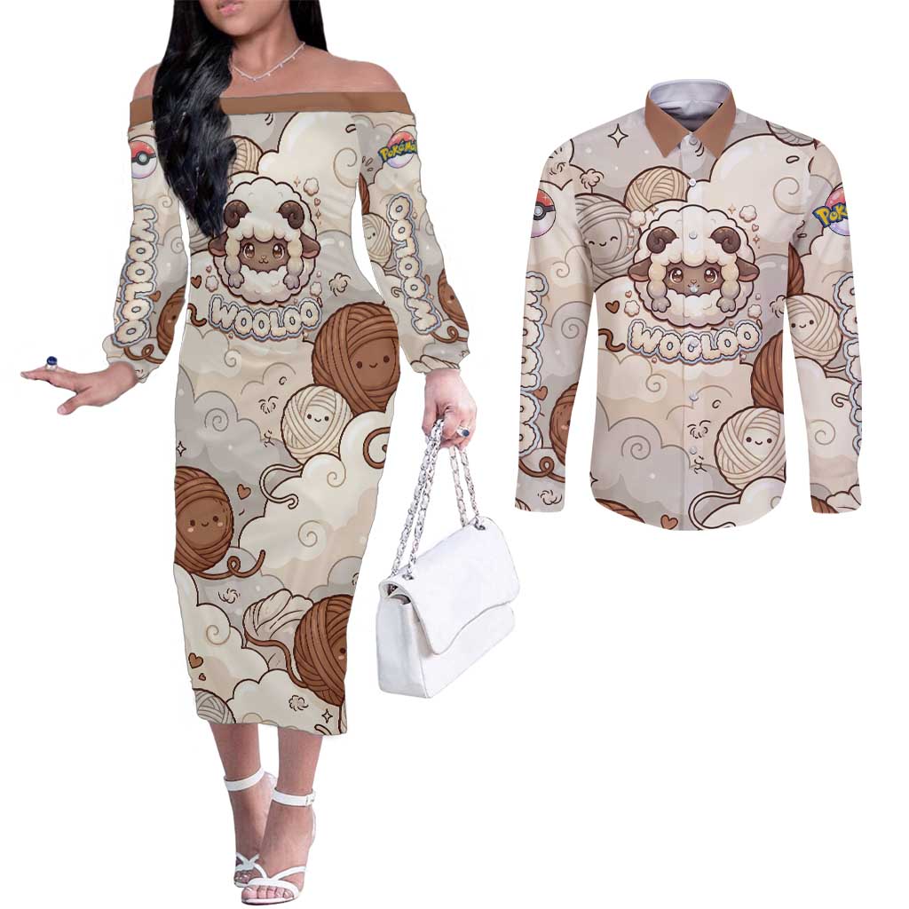 Wooloo Poké Kawaii Art Couples Matching Off The Shoulder Long Sleeve Dress and Long Sleeve Button Shirt Cute Wooloo & Yarn Ball Pattern - Cozy Vibes