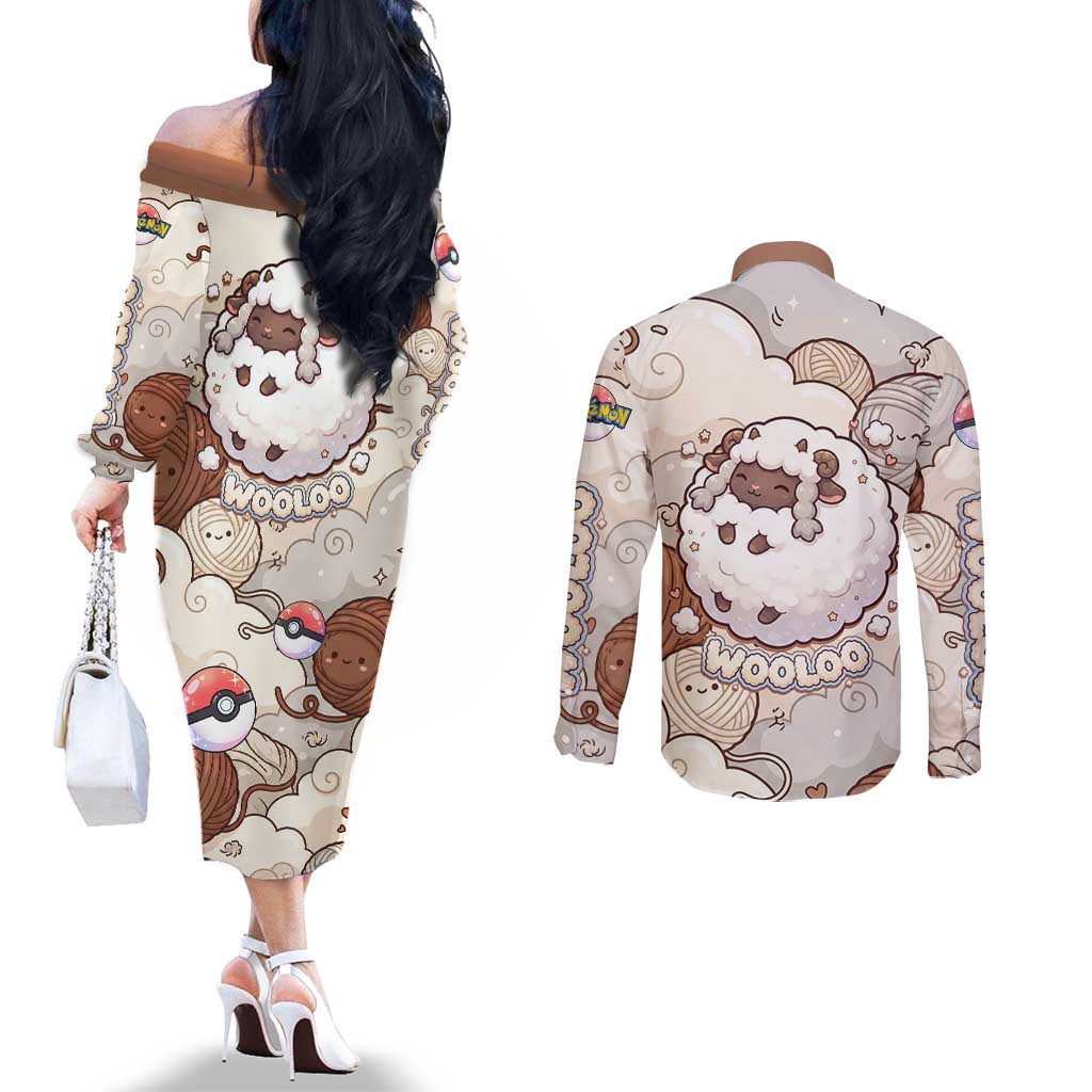 Wooloo Poké Kawaii Art Couples Matching Off The Shoulder Long Sleeve Dress and Long Sleeve Button Shirt Cute Wooloo & Yarn Ball Pattern - Cozy Vibes