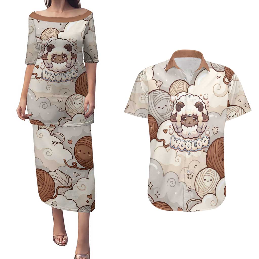 Wooloo Poké Kawaii Art Couples Matching Puletasi and Hawaiian Shirt Cute Wooloo & Yarn Ball Pattern - Cozy Vibes