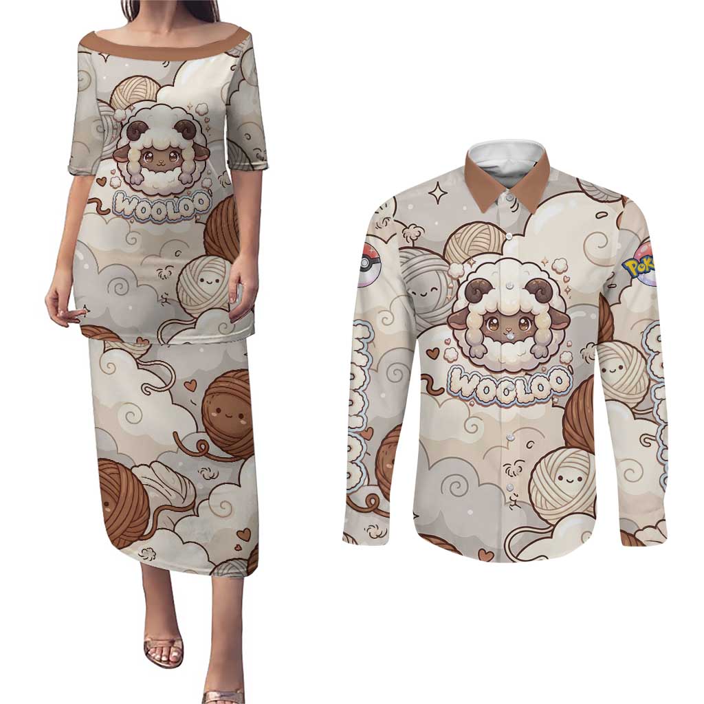 Wooloo Poké Kawaii Art Couples Matching Puletasi and Long Sleeve Button Shirt Cute Wooloo & Yarn Ball Pattern - Cozy Vibes