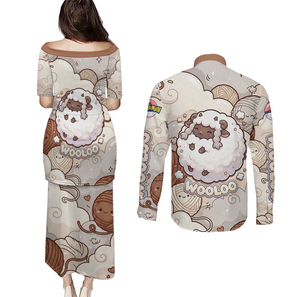 Wooloo Poké Kawaii Art Couples Matching Puletasi and Long Sleeve Button Shirt Cute Wooloo & Yarn Ball Pattern - Cozy Vibes