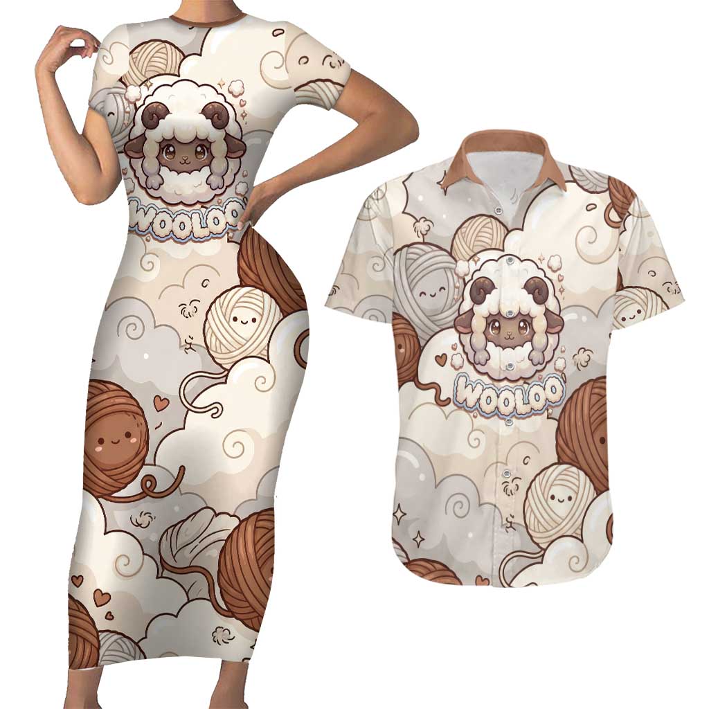 Wooloo Poké Kawaii Art Couples Matching Short Sleeve Bodycon Dress and Hawaiian Shirt Cute Wooloo & Yarn Ball Pattern - Cozy Vibes