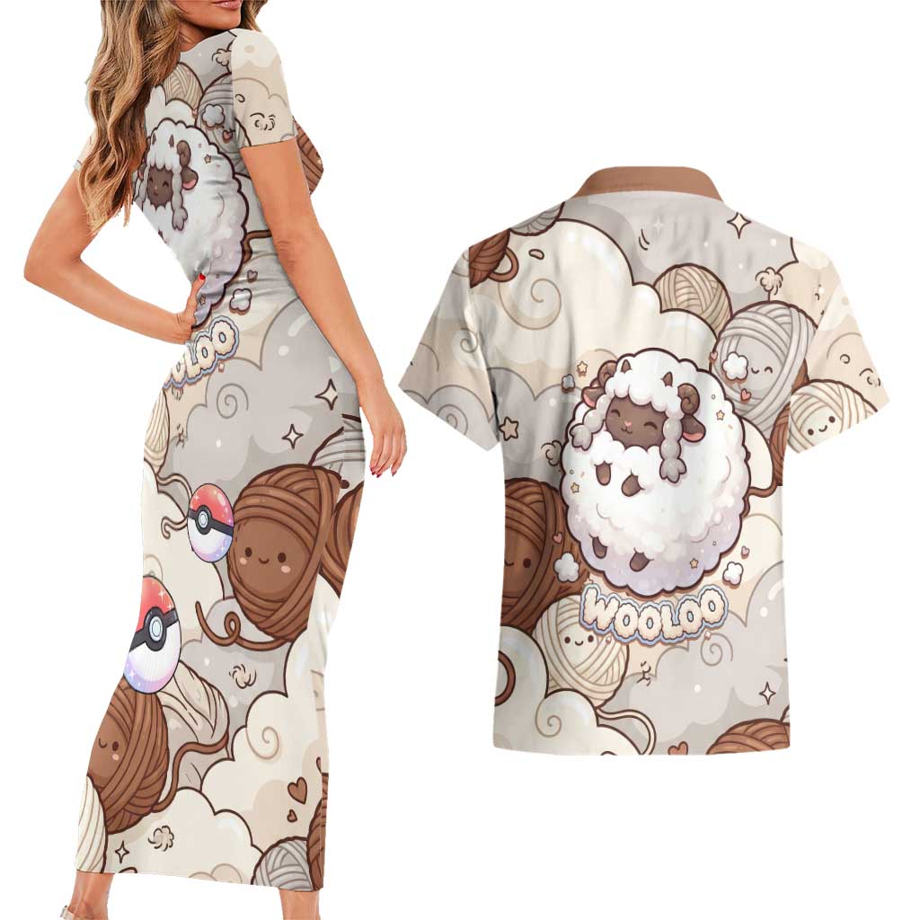 Wooloo Poké Kawaii Art Couples Matching Short Sleeve Bodycon Dress and Hawaiian Shirt Cute Wooloo & Yarn Ball Pattern - Cozy Vibes