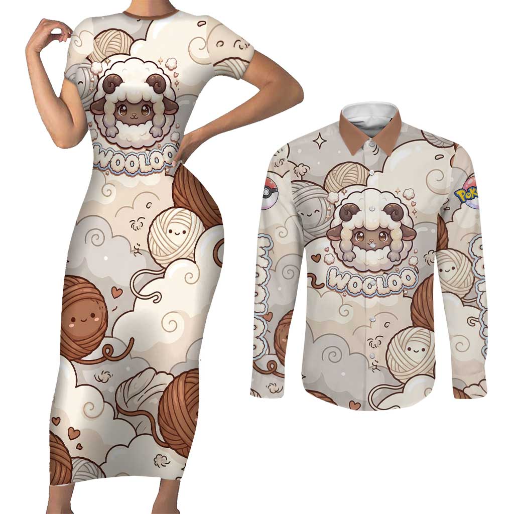 Wooloo Poké Kawaii Art Couples Matching Short Sleeve Bodycon Dress and Long Sleeve Button Shirt Cute Wooloo & Yarn Ball Pattern - Cozy Vibes