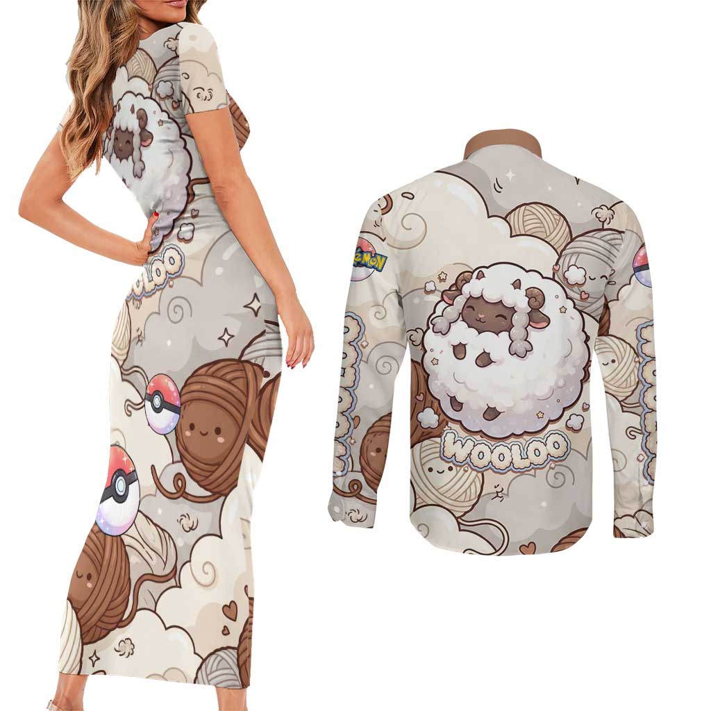 Wooloo Poké Kawaii Art Couples Matching Short Sleeve Bodycon Dress and Long Sleeve Button Shirt Cute Wooloo & Yarn Ball Pattern - Cozy Vibes