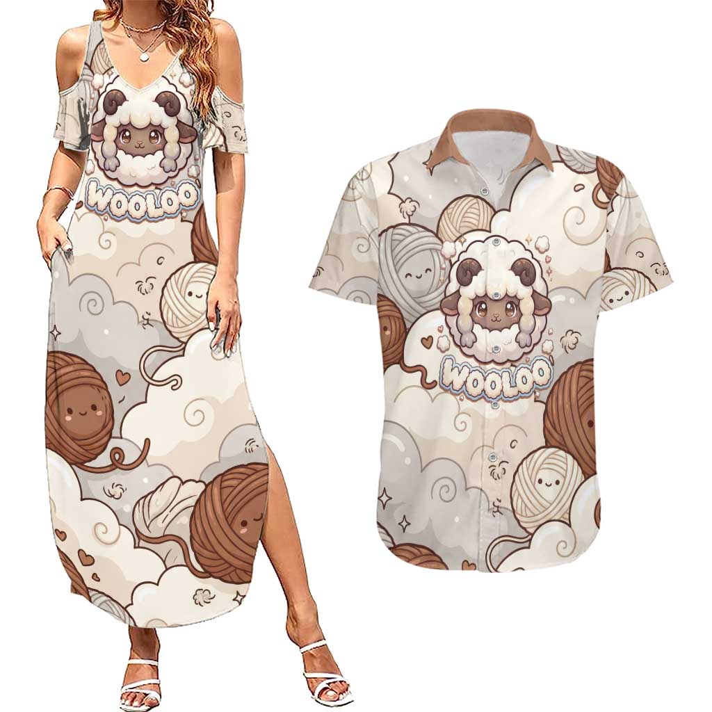 Wooloo Poké Kawaii Art Couples Matching Summer Maxi Dress and Hawaiian Shirt Cute Wooloo & Yarn Ball Pattern - Cozy Vibes