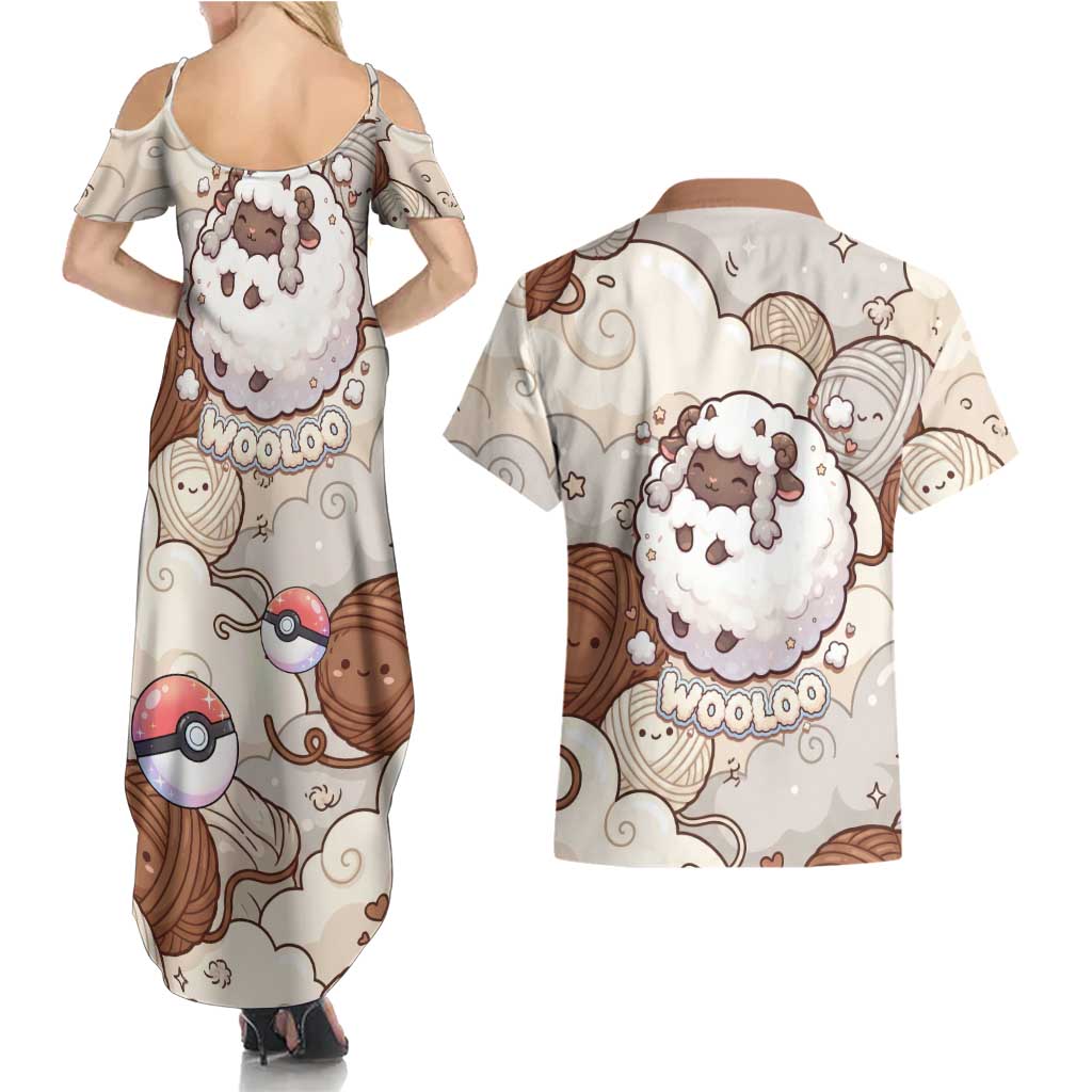 Wooloo Poké Kawaii Art Couples Matching Summer Maxi Dress and Hawaiian Shirt Cute Wooloo & Yarn Ball Pattern - Cozy Vibes