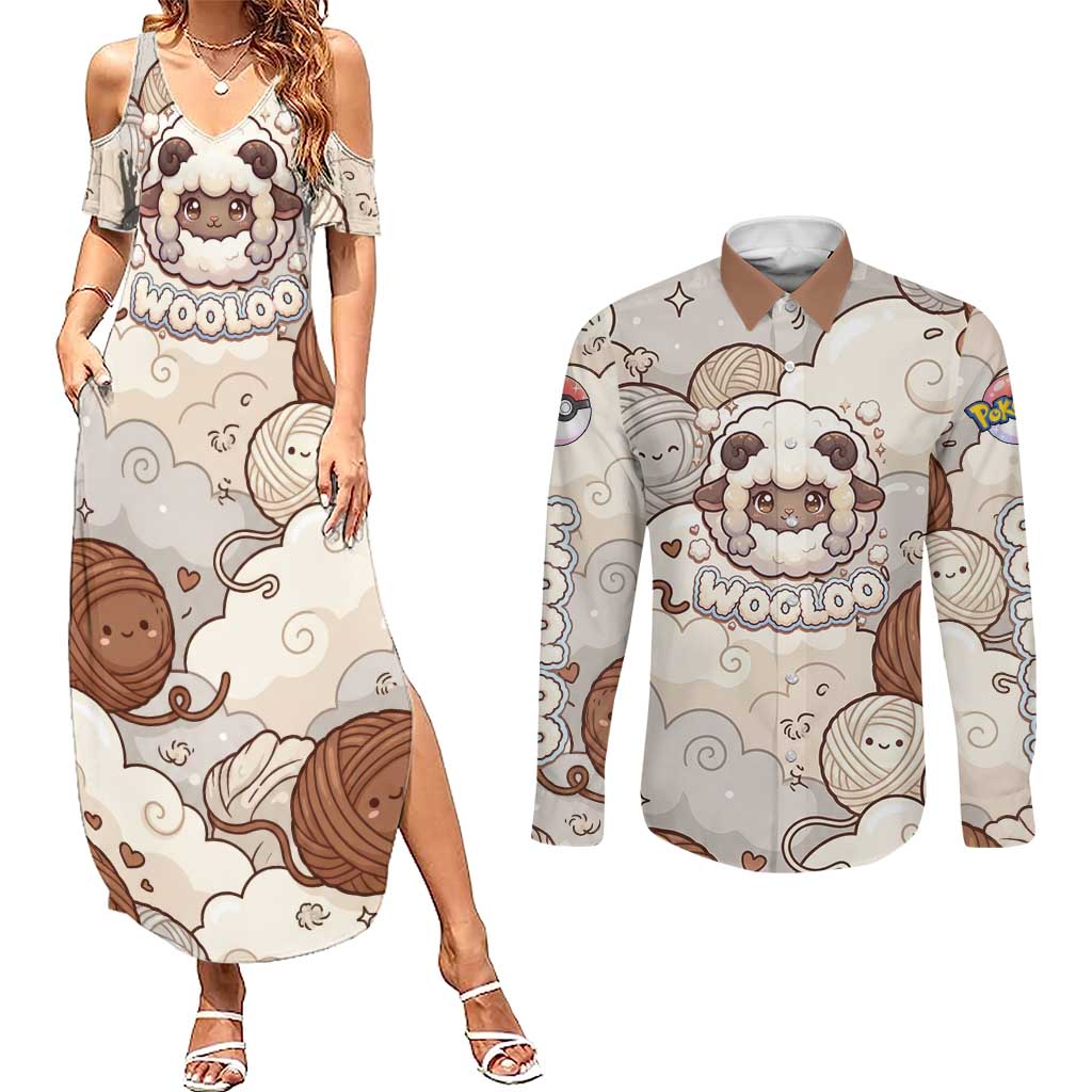 Wooloo Poké Kawaii Art Couples Matching Summer Maxi Dress and Long Sleeve Button Shirt Cute Wooloo & Yarn Ball Pattern - Cozy Vibes