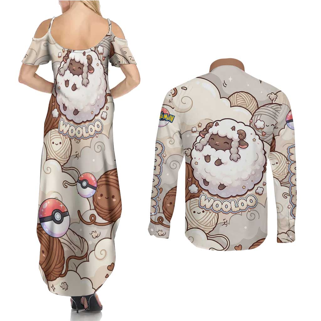 Wooloo Poké Kawaii Art Couples Matching Summer Maxi Dress and Long Sleeve Button Shirt Cute Wooloo & Yarn Ball Pattern - Cozy Vibes