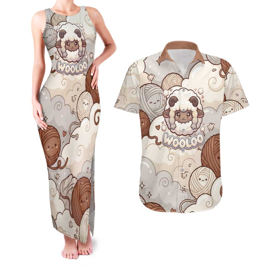 Wooloo Poké Kawaii Art Couples Matching Tank Maxi Dress and Hawaiian Shirt Cute Wooloo & Yarn Ball Pattern - Cozy Vibes