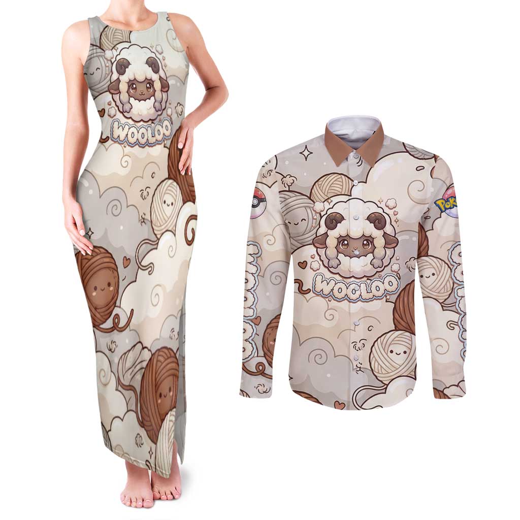 Wooloo Poké Kawaii Art Couples Matching Tank Maxi Dress and Long Sleeve Button Shirt Cute Wooloo & Yarn Ball Pattern - Cozy Vibes