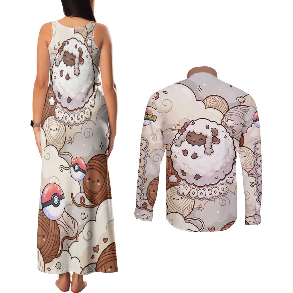 Wooloo Poké Kawaii Art Couples Matching Tank Maxi Dress and Long Sleeve Button Shirt Cute Wooloo & Yarn Ball Pattern - Cozy Vibes