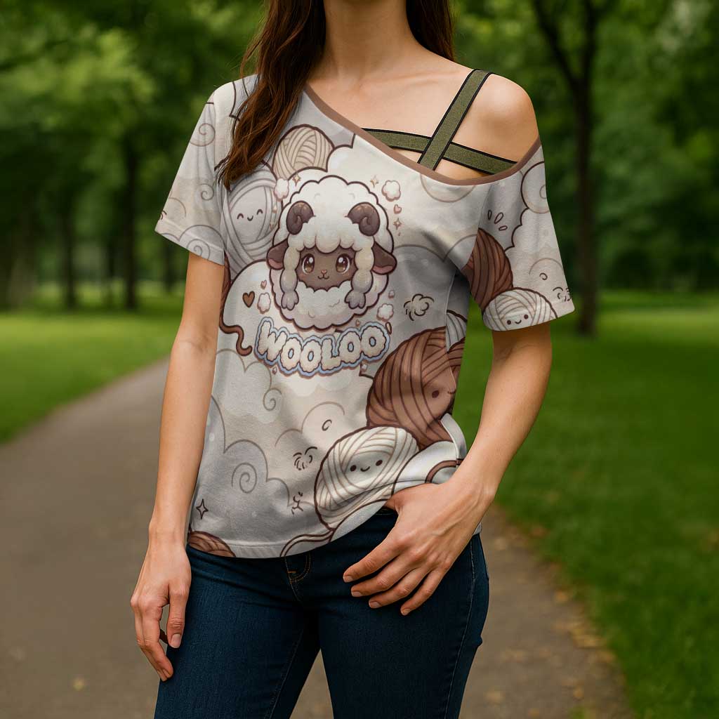 Wooloo Poké Kawaii Art Cross Shoulder Shirt Cute Wooloo & Yarn Ball Pattern - Cozy Vibes