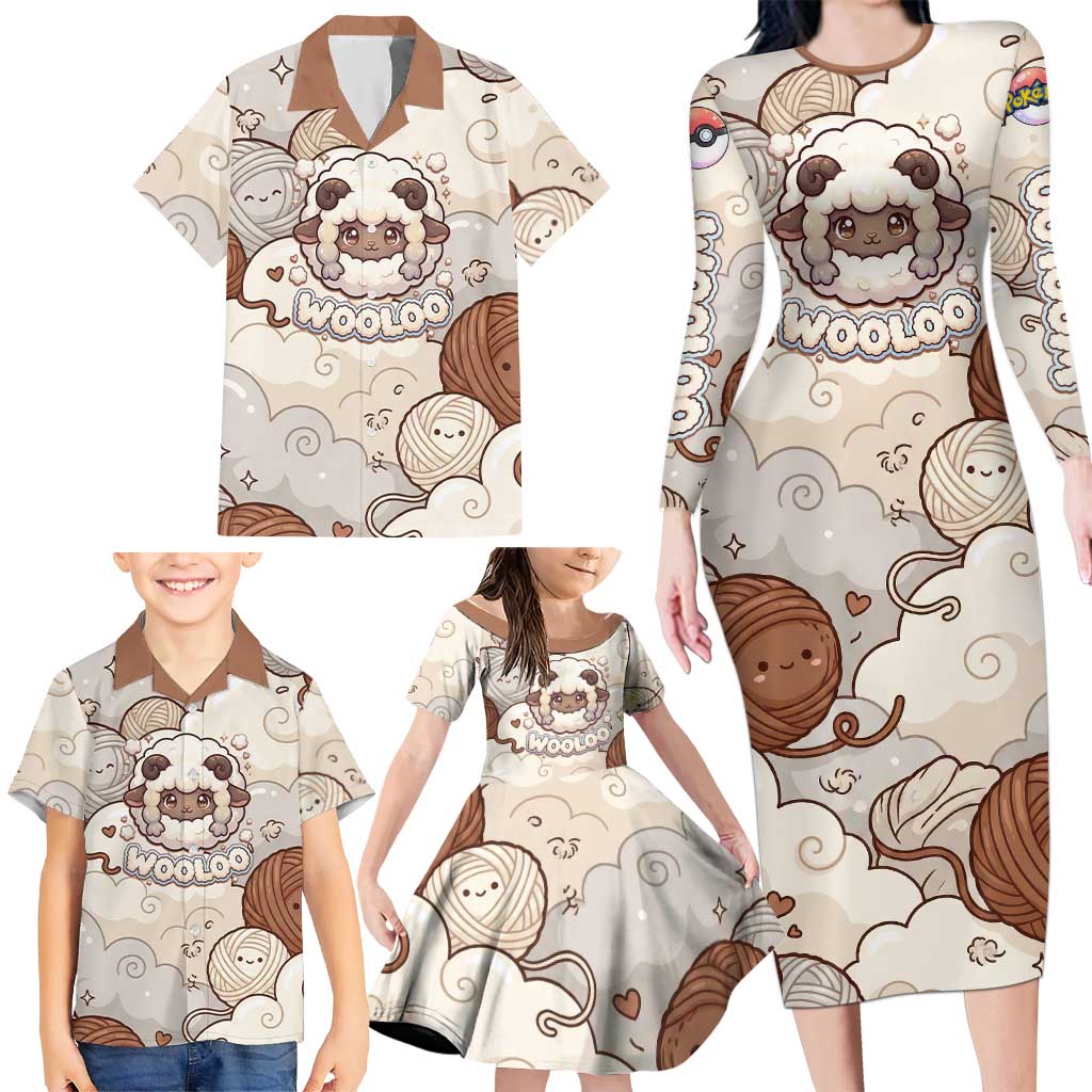 Wooloo Poké Kawaii Art Family Matching Long Sleeve Bodycon Dress and Hawaiian Shirt Cute Wooloo & Yarn Ball Pattern - Cozy Vibes