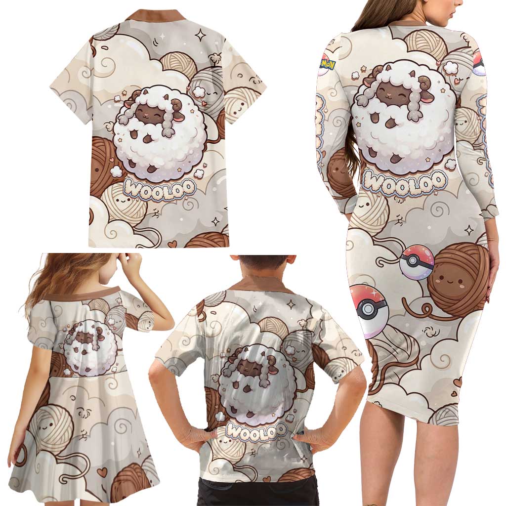 Wooloo Poké Kawaii Art Family Matching Long Sleeve Bodycon Dress and Hawaiian Shirt Cute Wooloo & Yarn Ball Pattern - Cozy Vibes