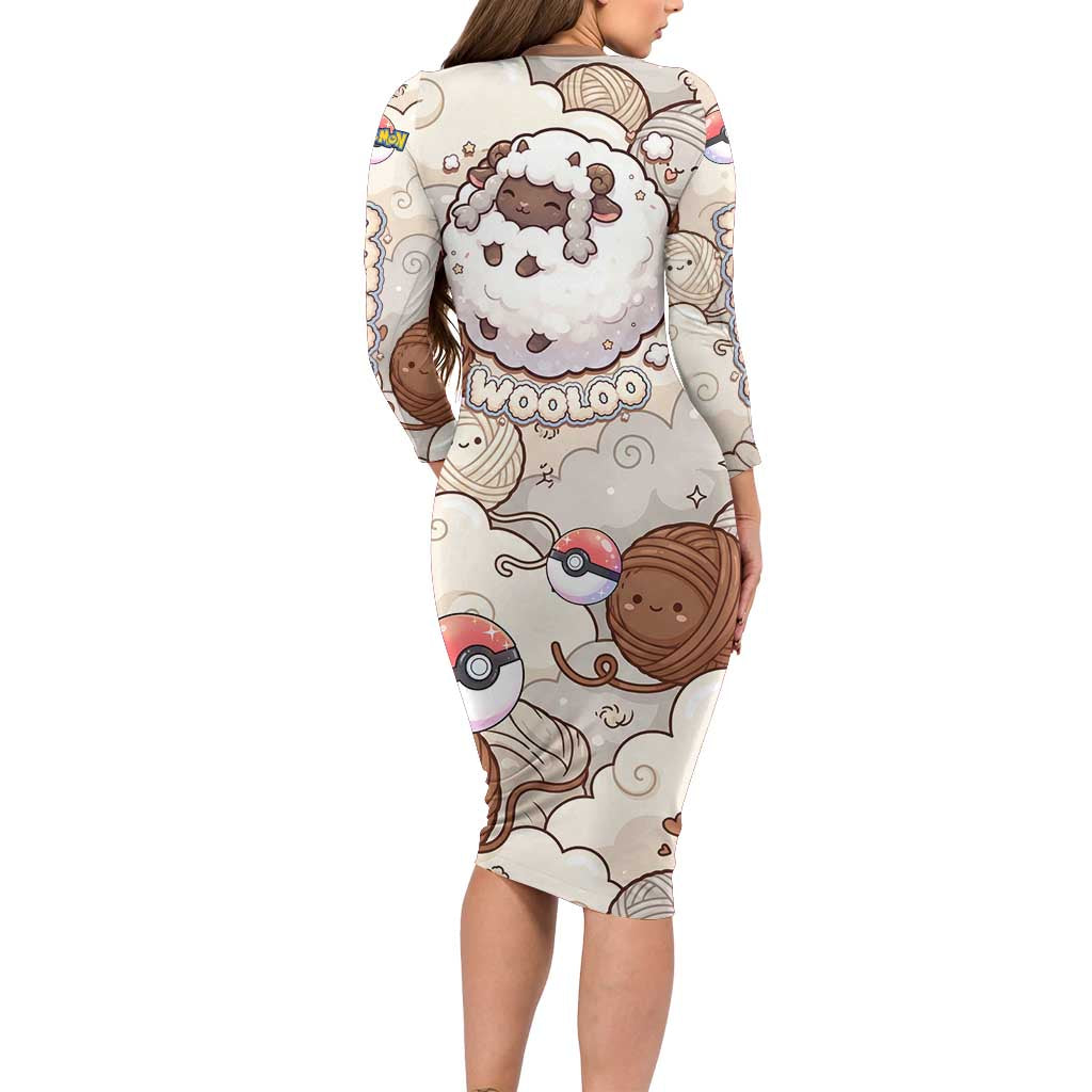 Wooloo Poké Kawaii Art Family Matching Long Sleeve Bodycon Dress and Hawaiian Shirt Cute Wooloo & Yarn Ball Pattern - Cozy Vibes