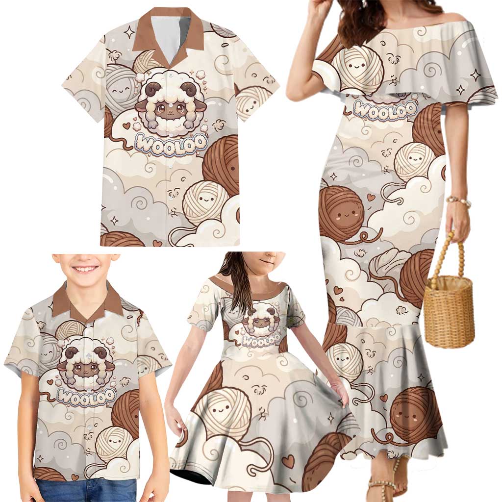 Wooloo Poké Kawaii Art Family Matching Mermaid Dress and Hawaiian Shirt Cute Wooloo & Yarn Ball Pattern - Cozy Vibes
