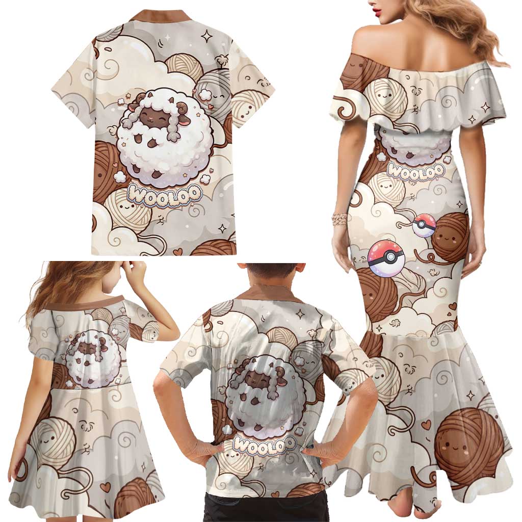 Wooloo Poké Kawaii Art Family Matching Mermaid Dress and Hawaiian Shirt Cute Wooloo & Yarn Ball Pattern - Cozy Vibes