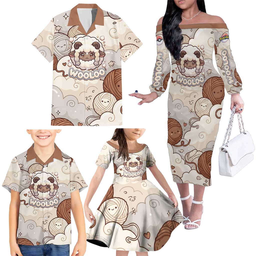 Wooloo Poké Kawaii Art Family Matching Off The Shoulder Long Sleeve Dress and Hawaiian Shirt Cute Wooloo & Yarn Ball Pattern - Cozy Vibes