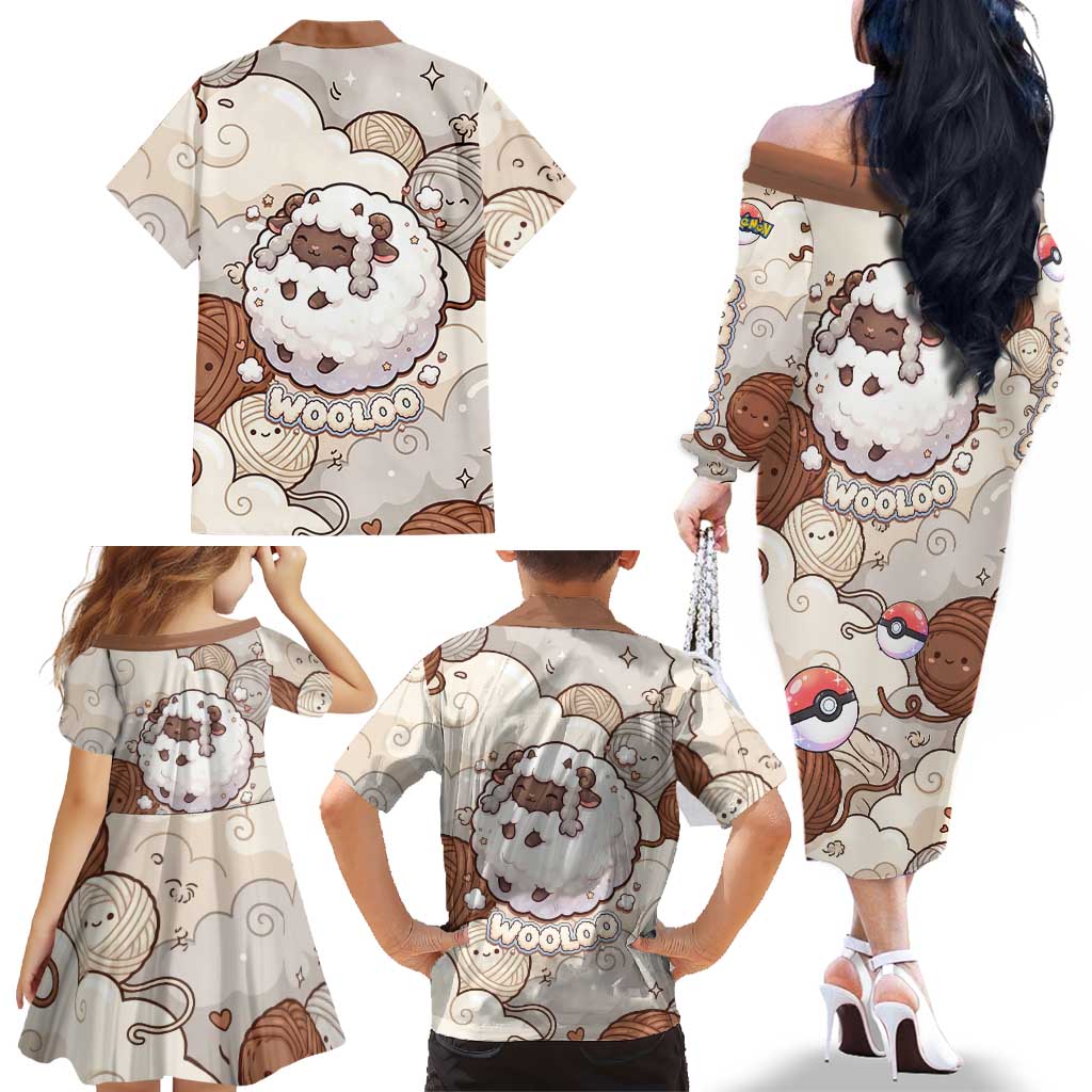 Wooloo Poké Kawaii Art Family Matching Off The Shoulder Long Sleeve Dress and Hawaiian Shirt Cute Wooloo & Yarn Ball Pattern - Cozy Vibes