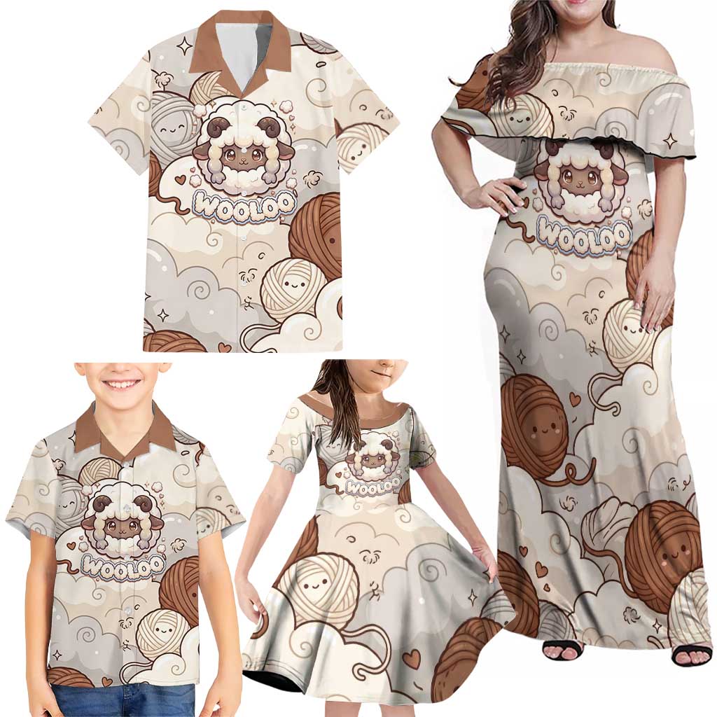 Wooloo Poké Kawaii Art Family Matching Off Shoulder Maxi Dress and Hawaiian Shirt Cute Wooloo & Yarn Ball Pattern - Cozy Vibes