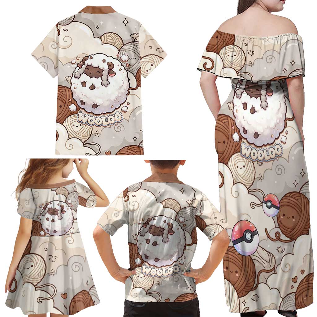 Wooloo Poké Kawaii Art Family Matching Off Shoulder Maxi Dress and Hawaiian Shirt Cute Wooloo & Yarn Ball Pattern - Cozy Vibes