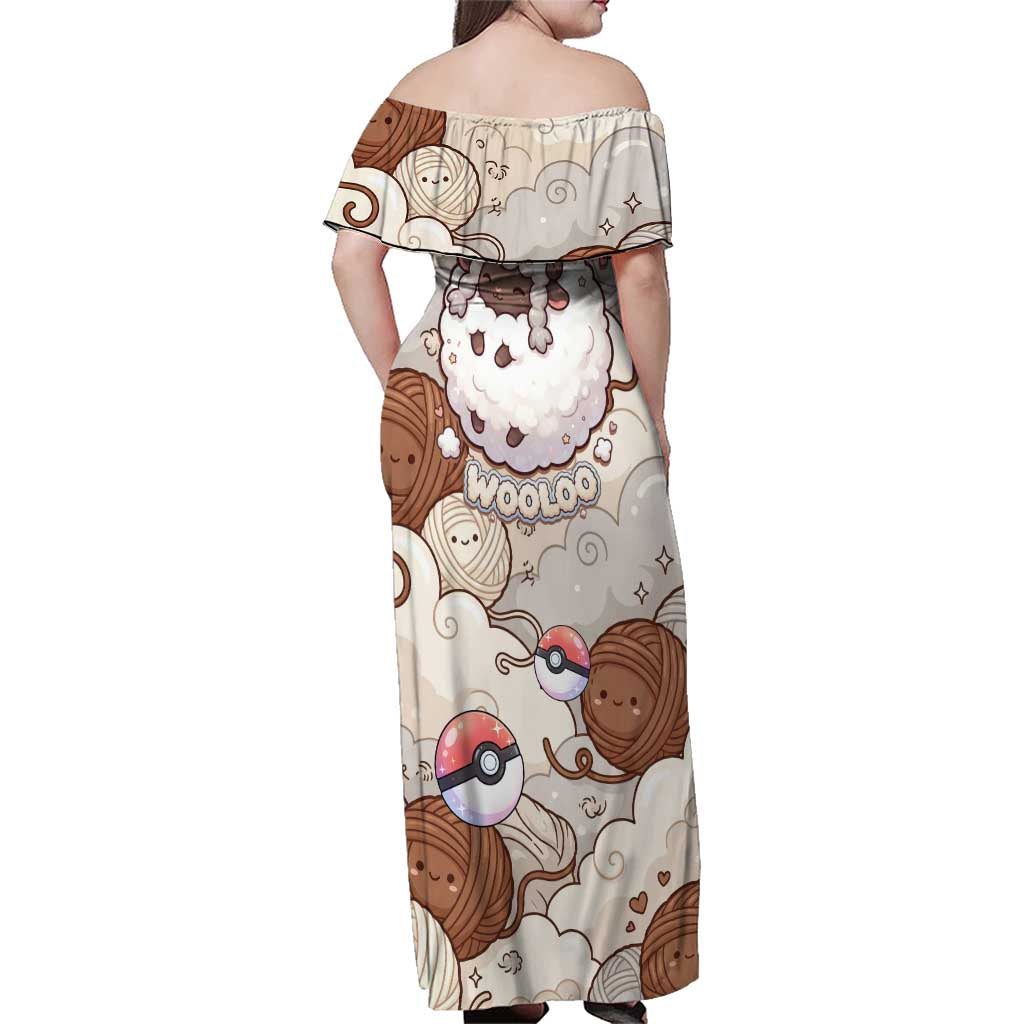 Wooloo Poké Kawaii Art Family Matching Off Shoulder Maxi Dress and Hawaiian Shirt Cute Wooloo & Yarn Ball Pattern - Cozy Vibes