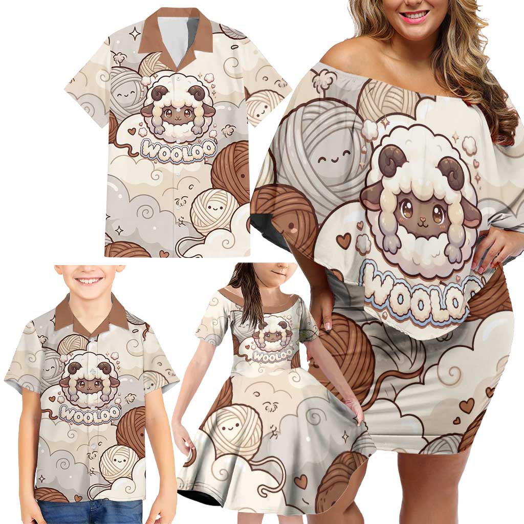 Wooloo Poké Kawaii Art Family Matching Off Shoulder Short Dress and Hawaiian Shirt Cute Wooloo & Yarn Ball Pattern - Cozy Vibes
