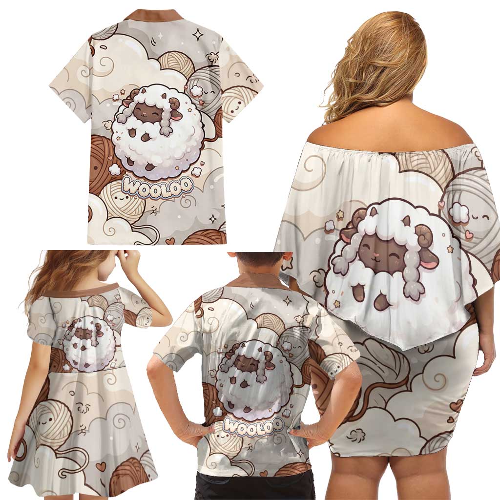 Wooloo Poké Kawaii Art Family Matching Off Shoulder Short Dress and Hawaiian Shirt Cute Wooloo & Yarn Ball Pattern - Cozy Vibes