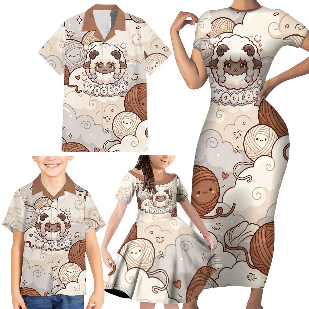 Wooloo Poké Kawaii Art Family Matching Short Sleeve Bodycon Dress and Hawaiian Shirt Cute Wooloo & Yarn Ball Pattern - Cozy Vibes