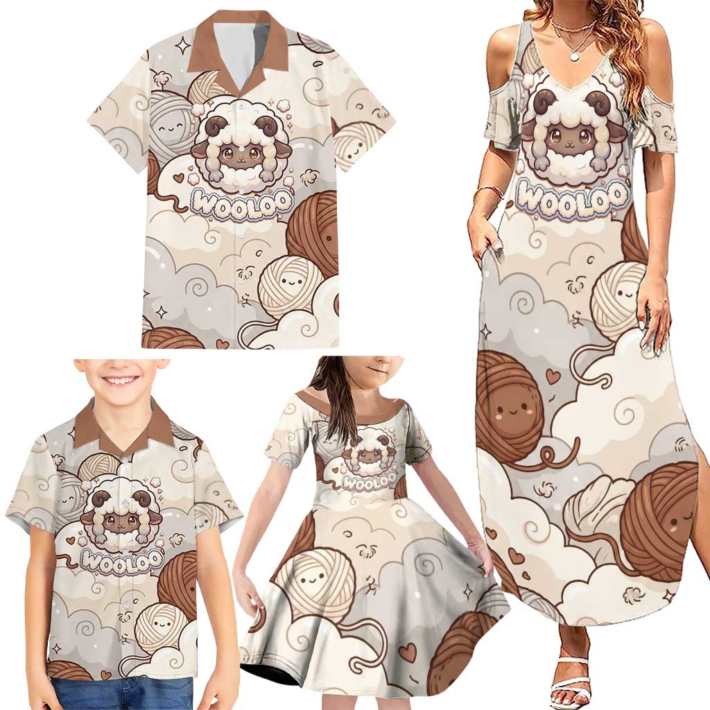 Wooloo Poké Kawaii Art Family Matching Summer Maxi Dress and Hawaiian Shirt Cute Wooloo & Yarn Ball Pattern - Cozy Vibes