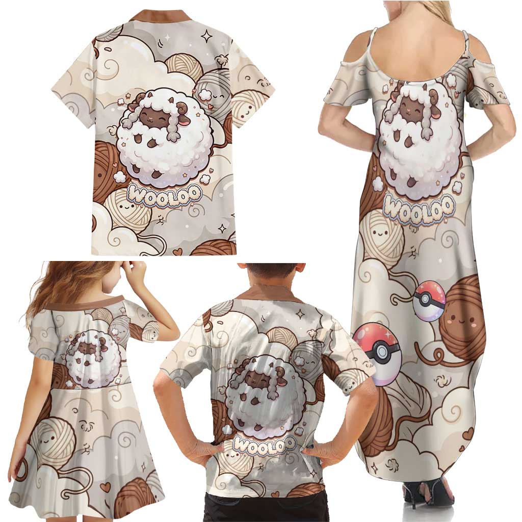 Wooloo Poké Kawaii Art Family Matching Summer Maxi Dress and Hawaiian Shirt Cute Wooloo & Yarn Ball Pattern - Cozy Vibes