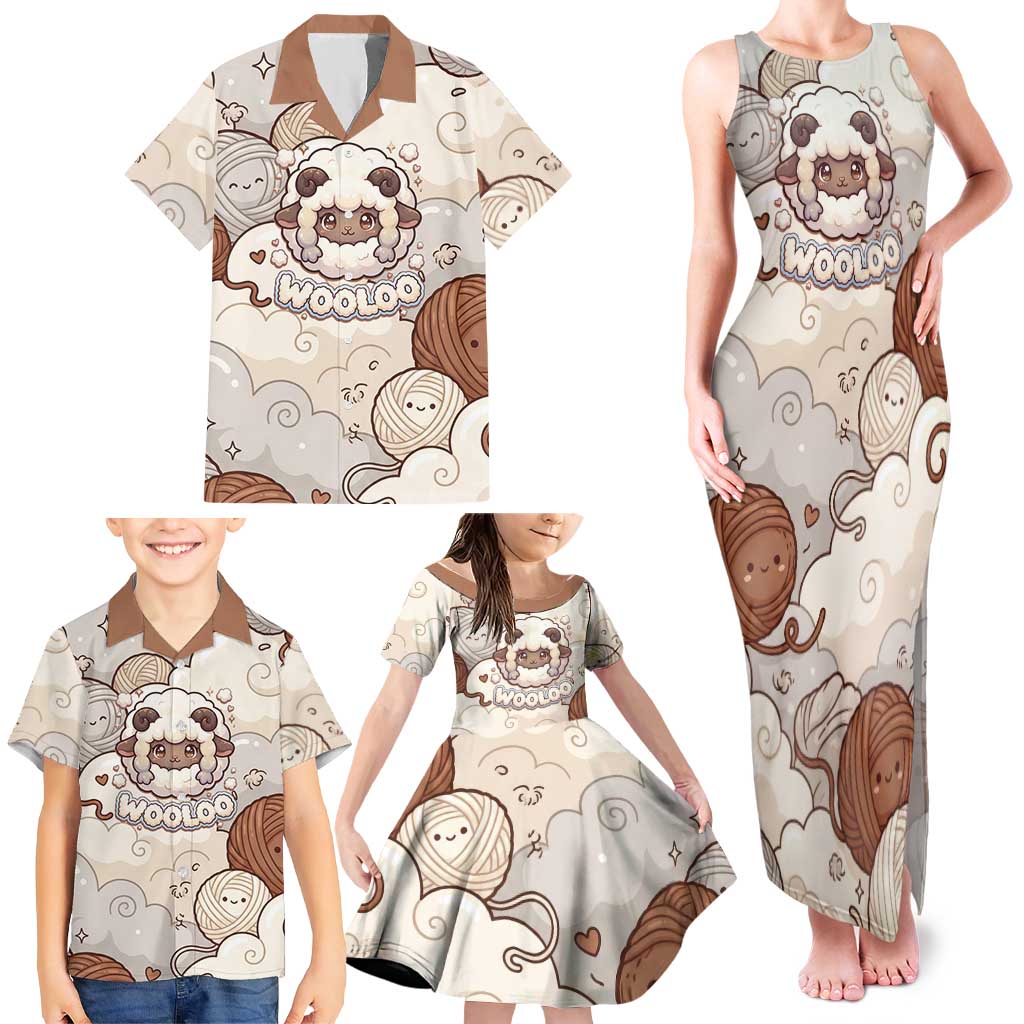 Wooloo Poké Kawaii Art Family Matching Tank Maxi Dress and Hawaiian Shirt Cute Wooloo & Yarn Ball Pattern - Cozy Vibes