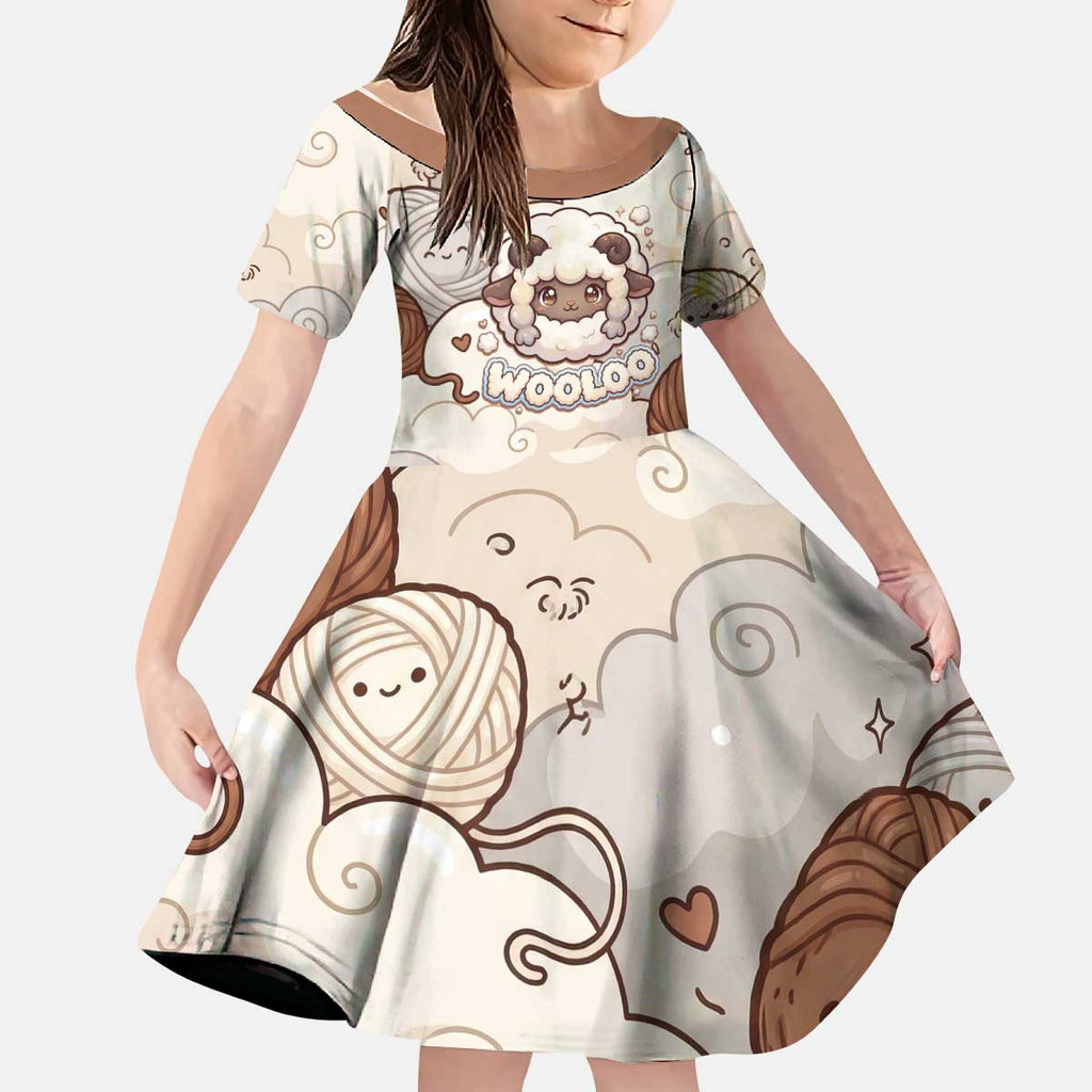 Wooloo Poké Kawaii Art Kid Short Sleeve Dress Cute Wooloo & Yarn Ball Pattern - Cozy Vibes