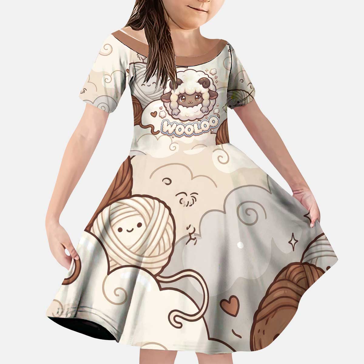 Wooloo Poké Kawaii Art Kid Short Sleeve Dress Cute Wooloo & Yarn Ball Pattern - Cozy Vibes