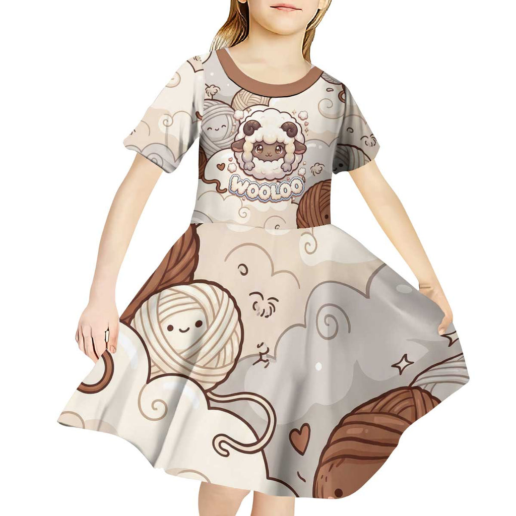 Wooloo Poké Kawaii Art Kid Short Sleeve Dress Cute Wooloo & Yarn Ball Pattern - Cozy Vibes