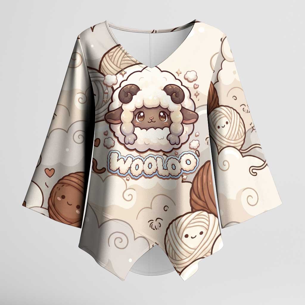 Wooloo Poké Kawaii Art Kimono Sleeve Blouse Cute Wooloo & Yarn Ball Pattern - Cozy Vibes