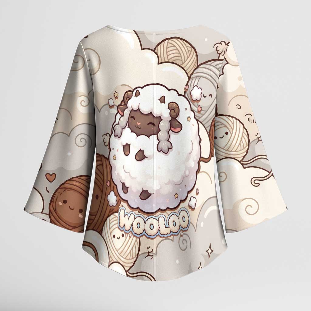 Wooloo Poké Kawaii Art Kimono Sleeve Blouse Cute Wooloo & Yarn Ball Pattern - Cozy Vibes