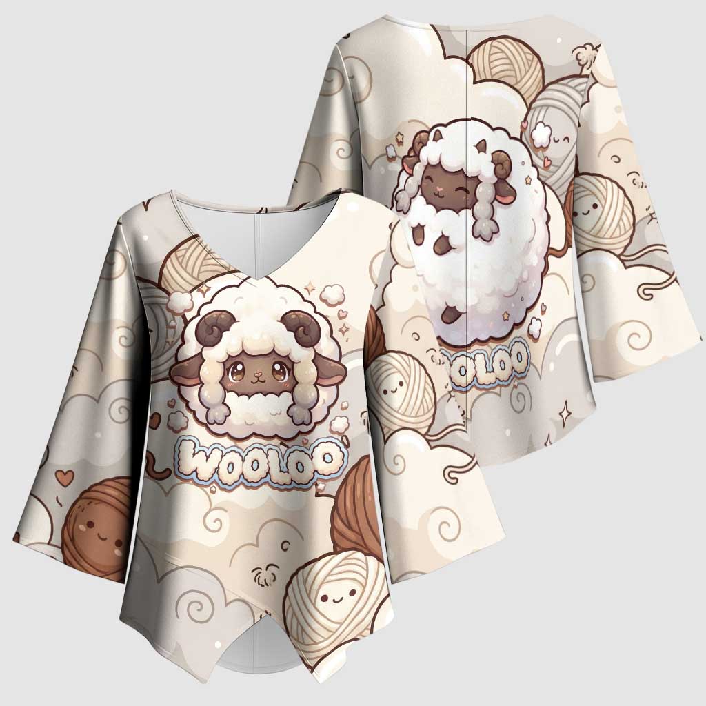 Wooloo Poké Kawaii Art Kimono Sleeve Blouse Cute Wooloo & Yarn Ball Pattern - Cozy Vibes