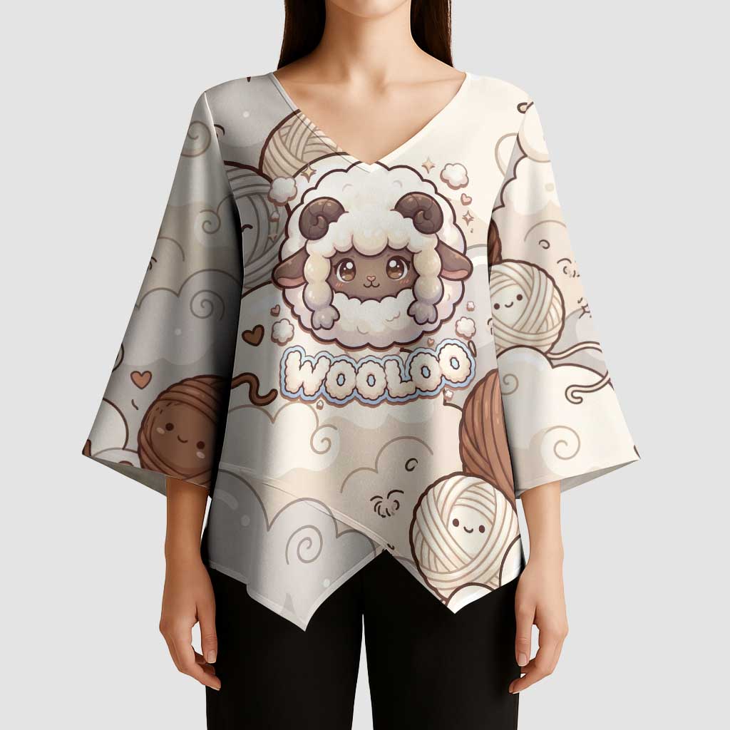 Wooloo Poké Kawaii Art Kimono Sleeve Blouse Cute Wooloo & Yarn Ball Pattern - Cozy Vibes
