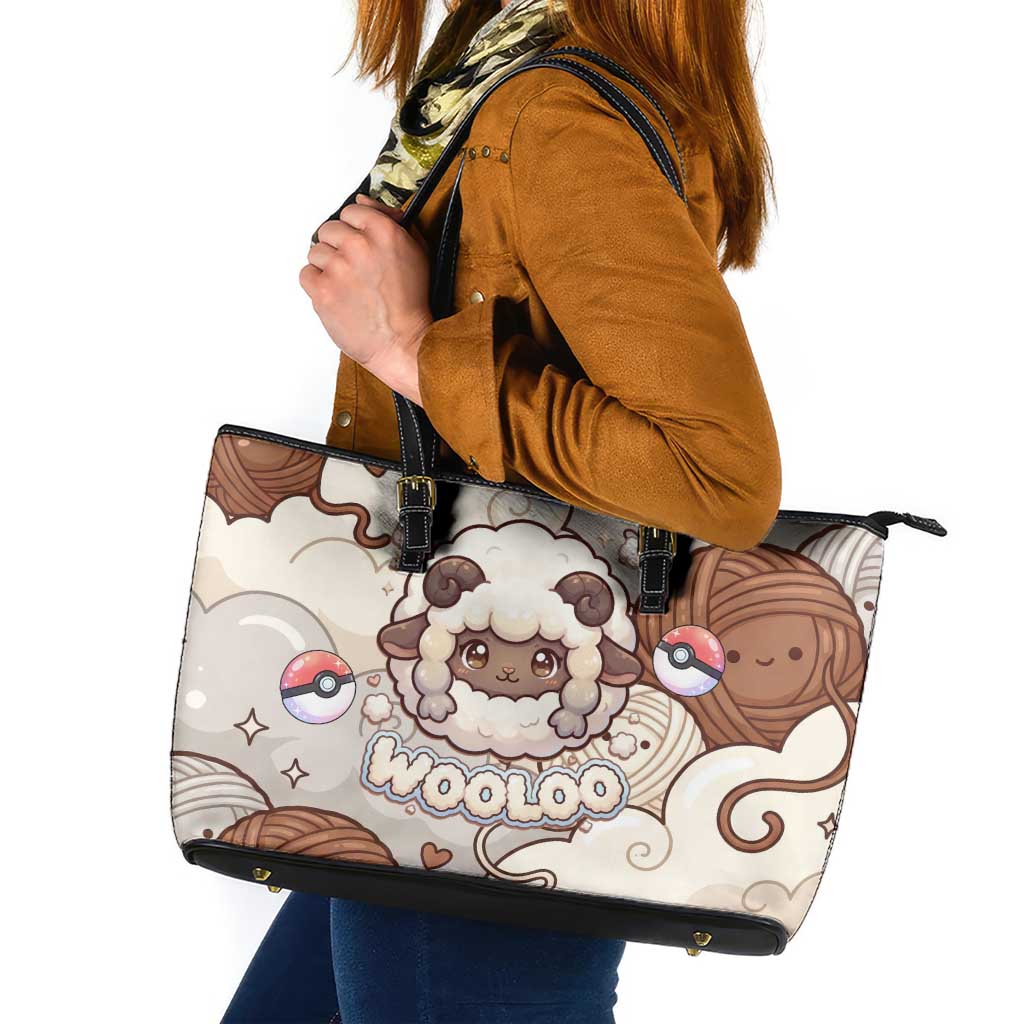 Wooloo Poké Kawaii Art Leather Tote Bag Cute Wooloo & Yarn Ball Pattern - Cozy Vibes