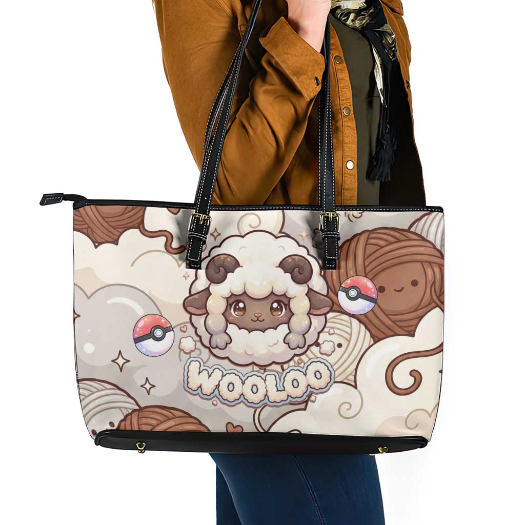 Wooloo Poké Kawaii Art Leather Tote Bag Cute Wooloo & Yarn Ball Pattern - Cozy Vibes
