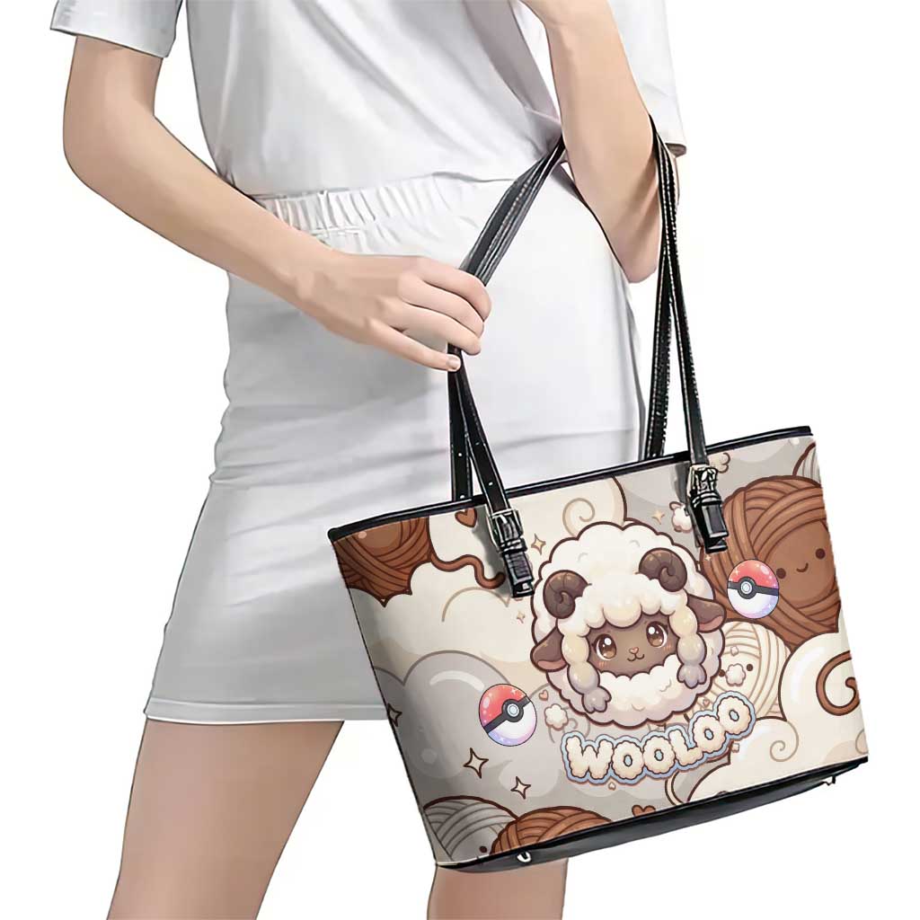 Wooloo Poké Kawaii Art Leather Tote Bag Cute Wooloo & Yarn Ball Pattern - Cozy Vibes