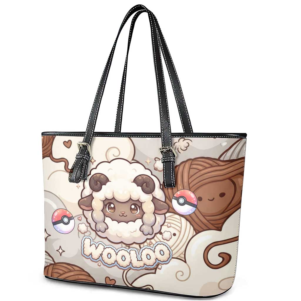 Wooloo Poké Kawaii Art Leather Tote Bag Cute Wooloo & Yarn Ball Pattern - Cozy Vibes