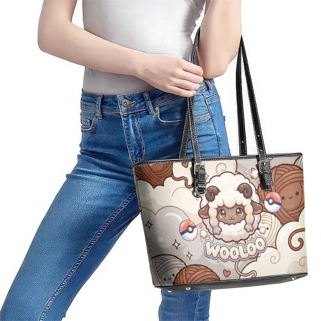 Wooloo Poké Kawaii Art Leather Tote Bag Cute Wooloo & Yarn Ball Pattern - Cozy Vibes