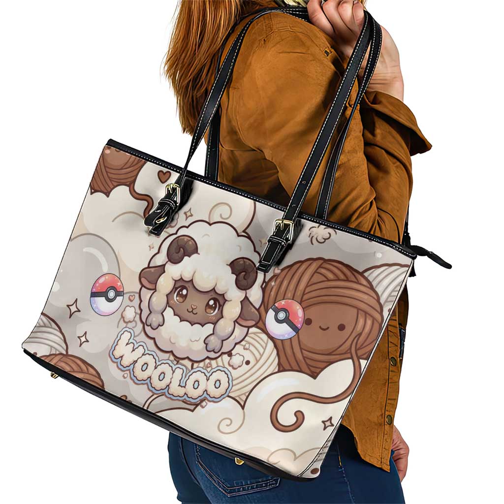 Wooloo Poké Kawaii Art Leather Tote Bag Cute Wooloo & Yarn Ball Pattern - Cozy Vibes