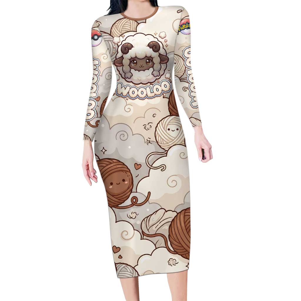Wooloo Poké Kawaii Art Long Sleeve Bodycon Dress Cute Wooloo & Yarn Ball Pattern - Cozy Vibes